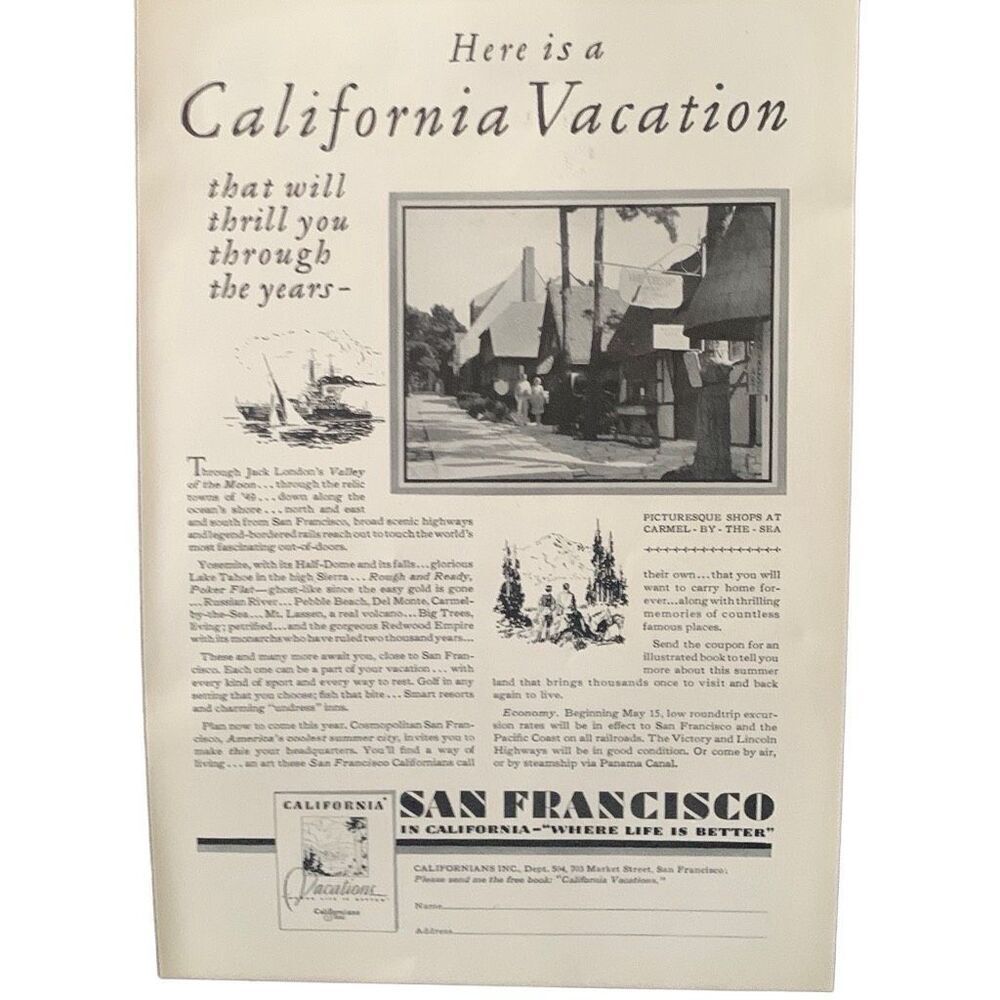 Vintage 1930 California San Francisco Vacation Ad Advertisement
